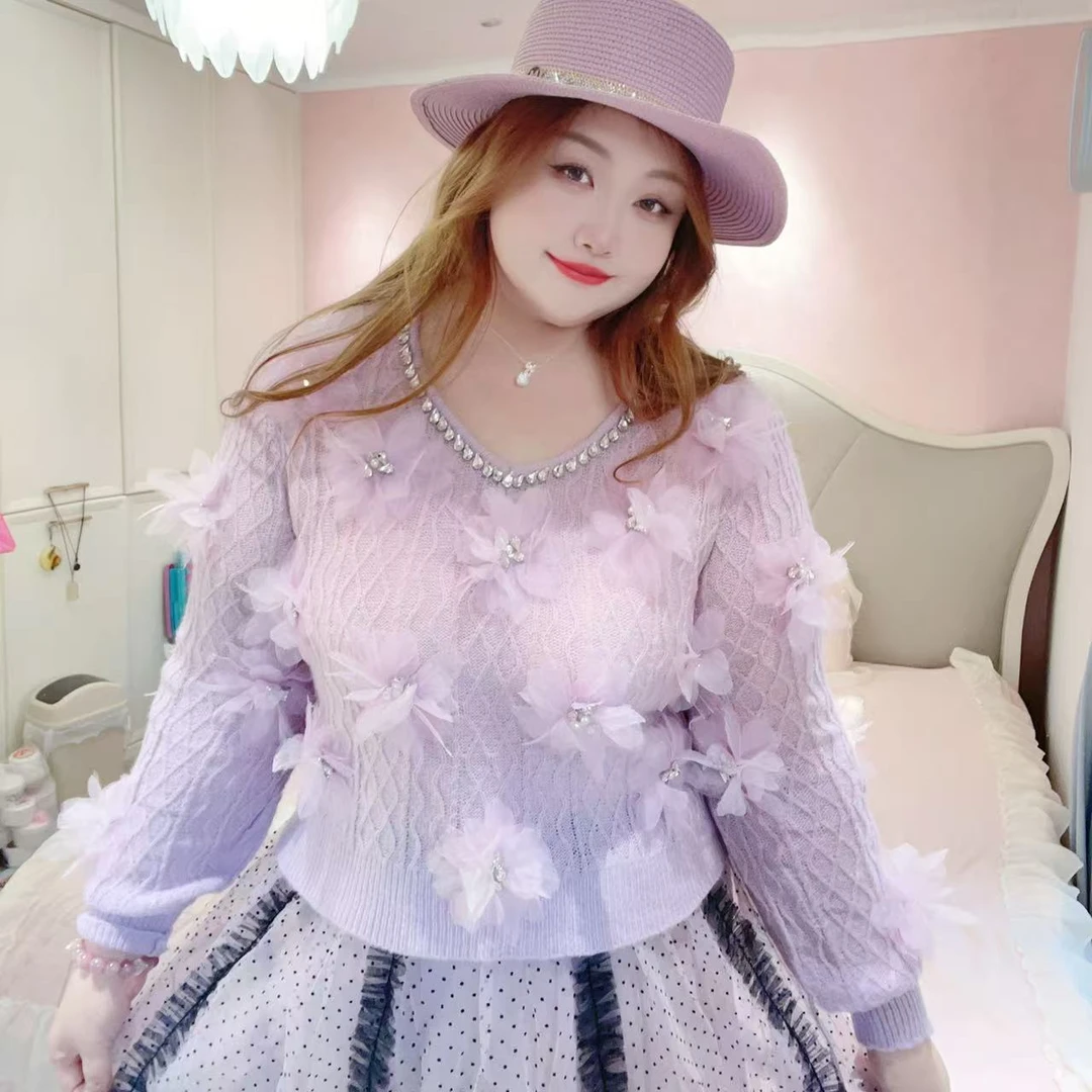 【花花世界】钻石家轻奢大码钉钻立体花毛衣蝴蝶结毛衫上衣 DMS2502