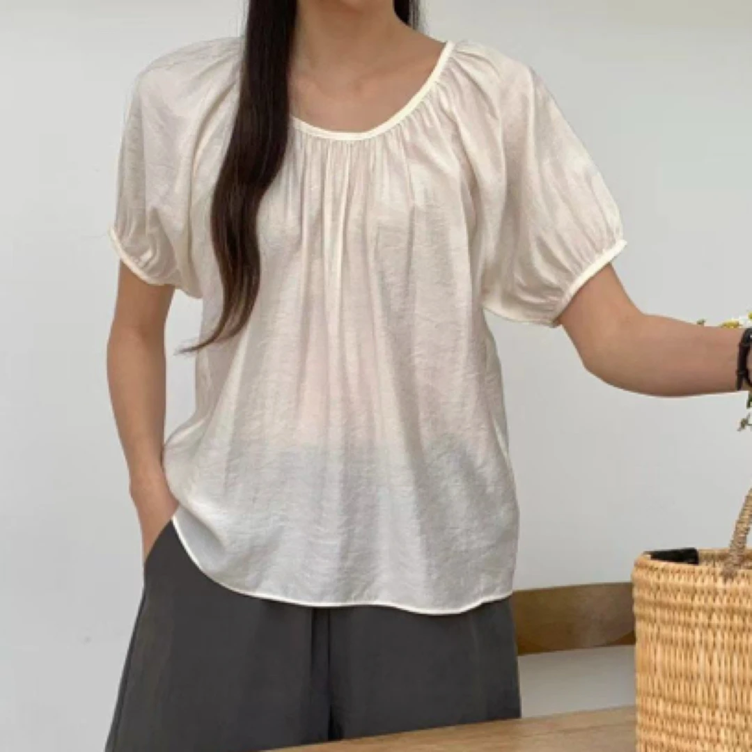 韩国正品 25夏 甜美圆领泡泡袖短袖衫（N0退）