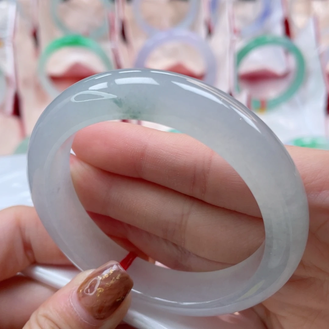 未镶嵌手镯翡翠55.8正圈 白冰飘花 荔枝果冻胶底15号