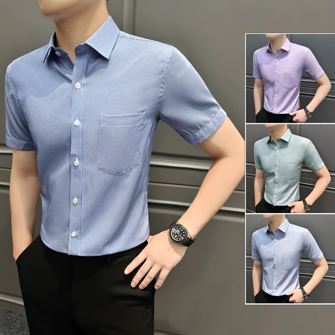 条纹格子男士衬衫夏季商务休闲上档次男装大码修身男款短袖衬衣服