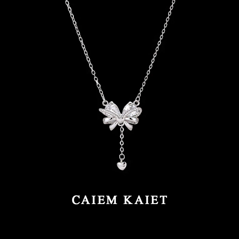 CAIEM KAIET 链子足银 蝴蝶结闪钻爱心流苏纯银项链女高级锁骨链