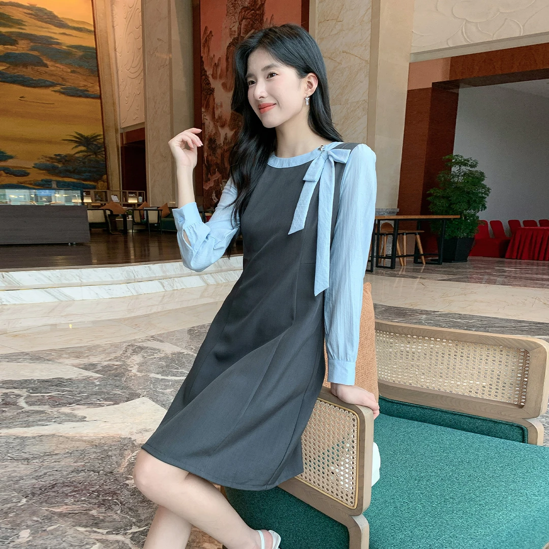 奢姿大码女装2025秋季时尚拼色系带连衣裙胖妹妹气质优雅减龄裙子