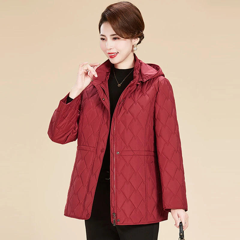 中老年女装妈妈装红色短款棉袄外套棉衣棉服连帽春秋冬三季穿大码