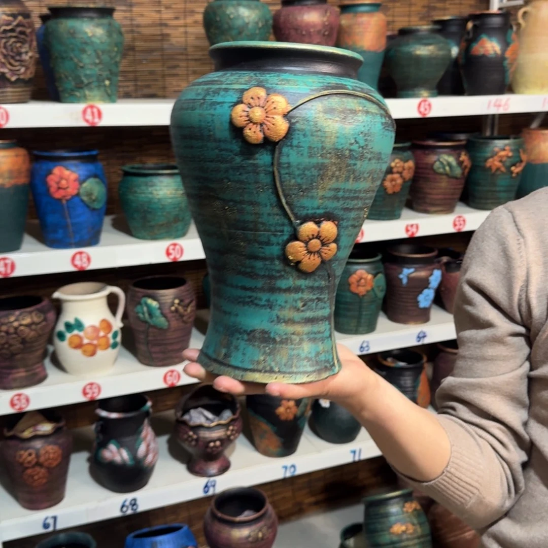 红陶红陶浮雕花盆炸炸炸