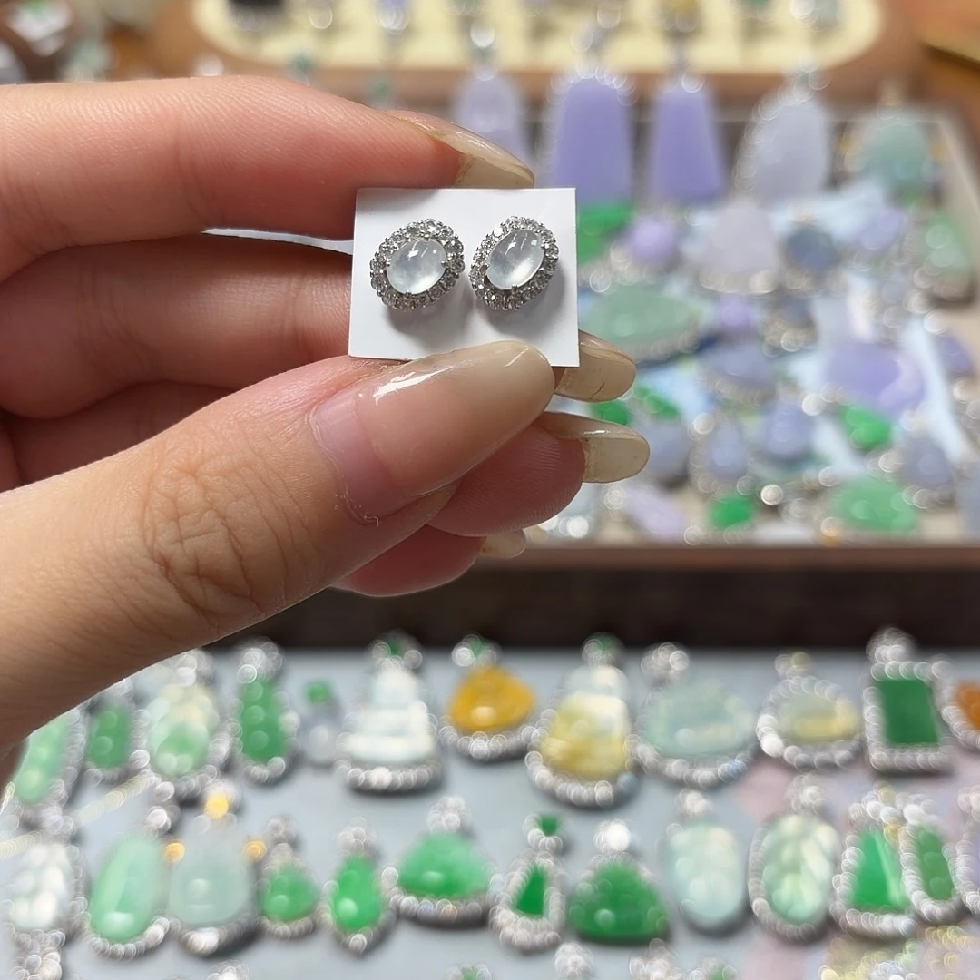 翡翠银S925镶嵌耳钉