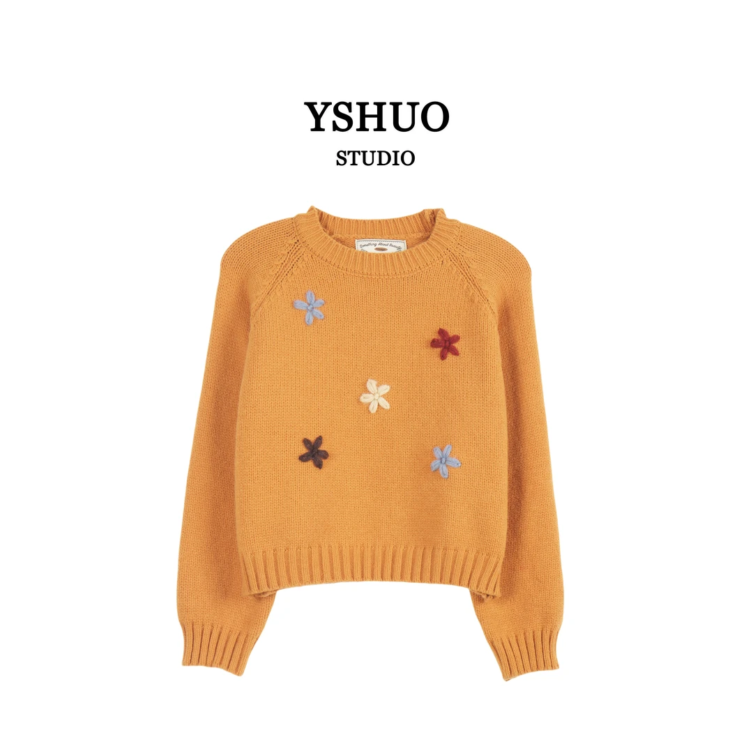 【红红推荐】五朵刺绣花韩系百搭多色套头毛衣 24886