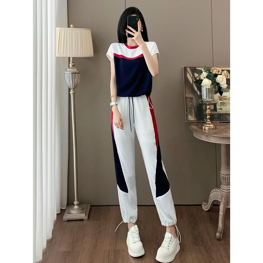 欧货休闲运动套装女夏季显瘦拼色抽绳短袖束脚裤薄款小个子两件套