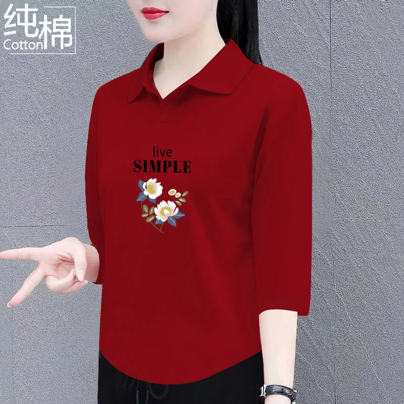 纯棉七分袖t恤女夏季新款翻领百搭宽松显瘦时尚洋polo领上衣