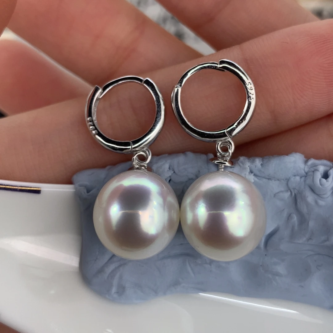 定制海水珍珠银S925镶嵌耳饰11-12mm澳白