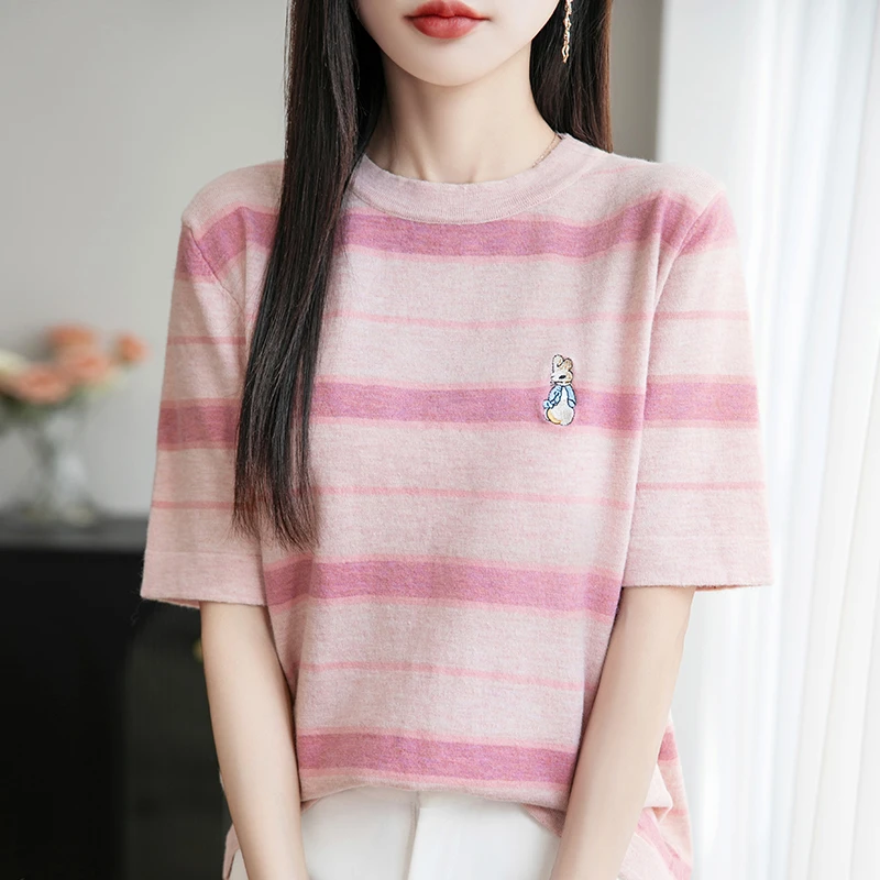 品牌女毛针织衫清爽条纹刺绣圆领T恤时尚女装短款夏季宽松显瘦