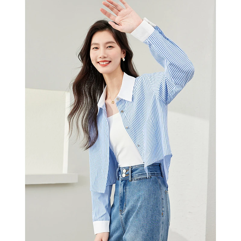 *梵希蔓休闲通勤薄款条纹衬衫春秋新款撞色领子开衫短衬衫M5333