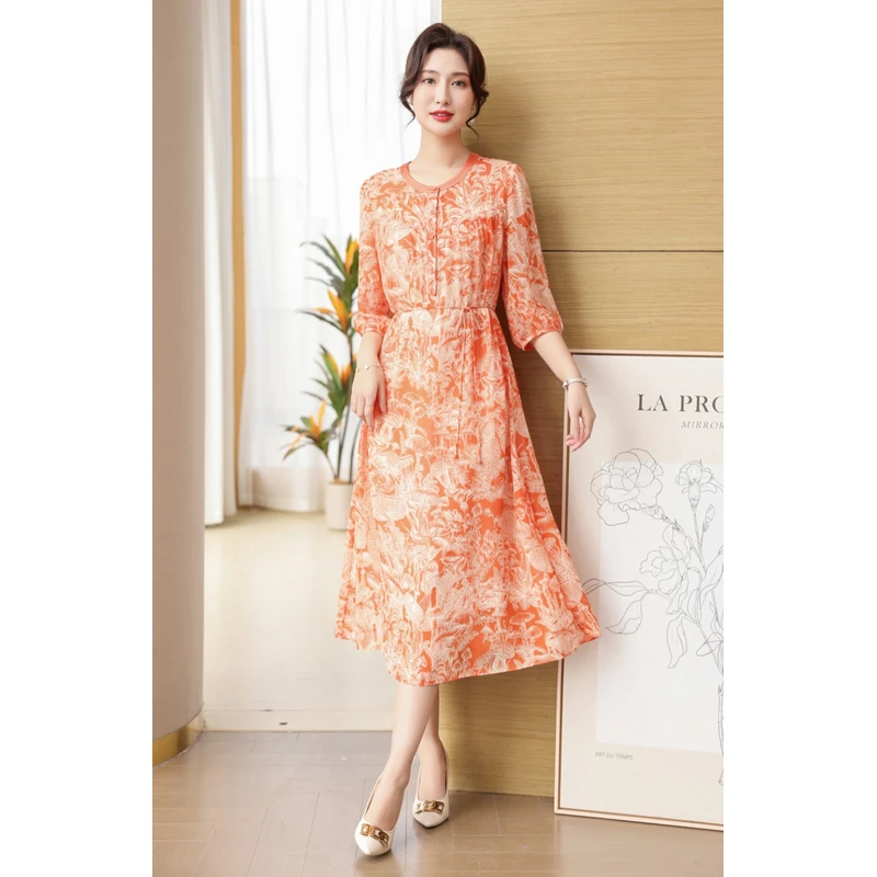 CX 新款爱马橙色印花双层碎花裙子休闲显瘦抽绳腰度假中袖连衣裙