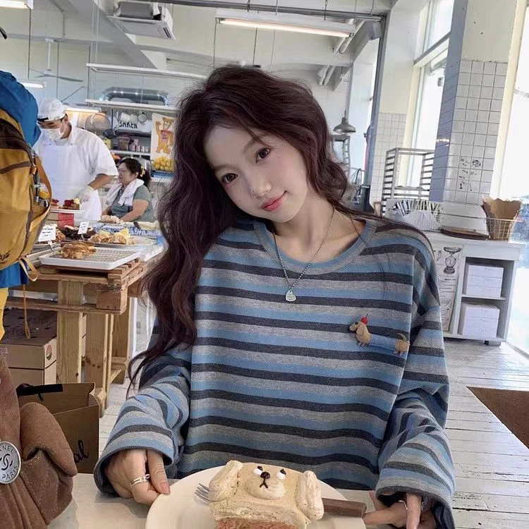 韩系慵懒撞色条纹长袖t恤女早秋季宽松内搭打底衫单穿上衣