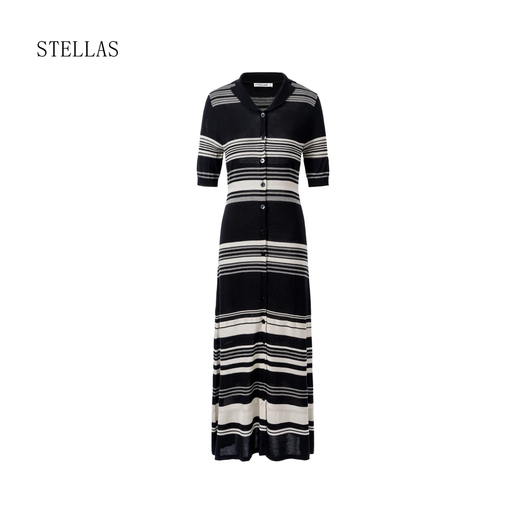 STELLAS 桑蚕丝 兰精天丝单排扣条纹针织连衣裙