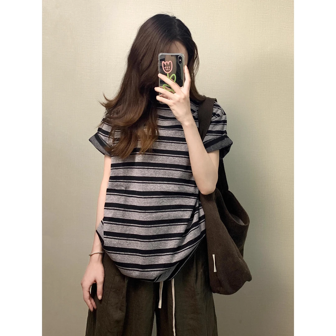 韩系时尚休闲风设计感条纹短袖针织T恤女薄款宽松百搭打底衫