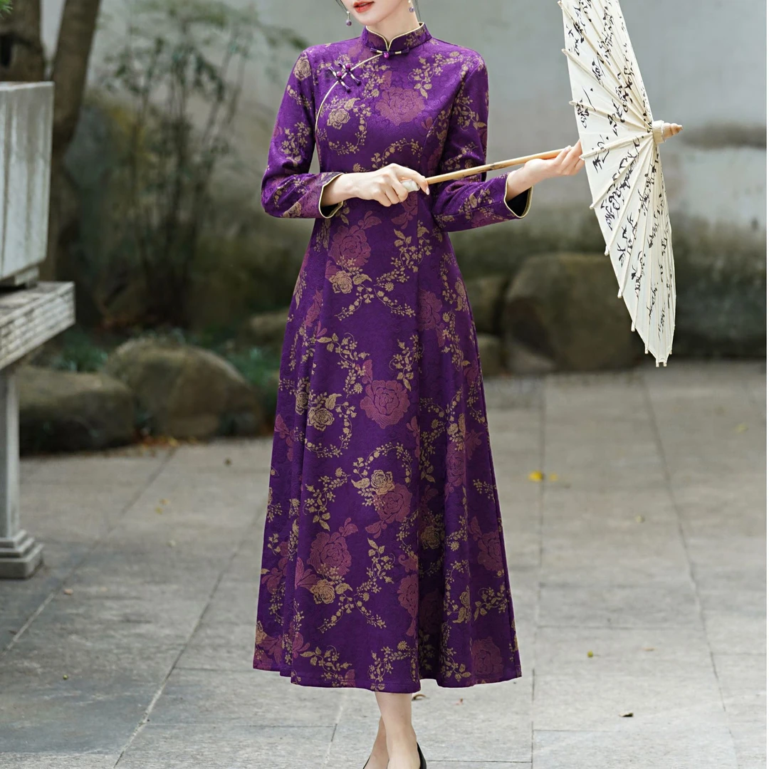【紫夫人】春款新款改良新中式妈妈国风长款连衣裙