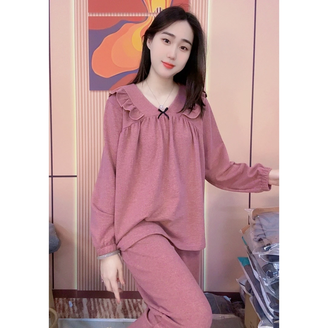 睡衣女冬季新款羊绒长袖长裤韩版甜美时尚家居服套装(玫瑰紫)