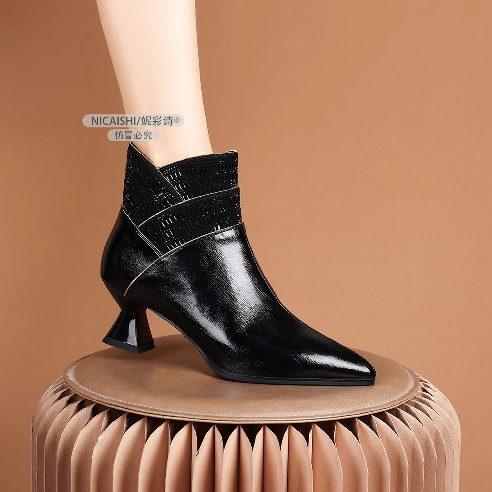 2025年新款欧美尖头短靴女显瘦时装靴侧拉链粗跟百搭舒适裸靴3006