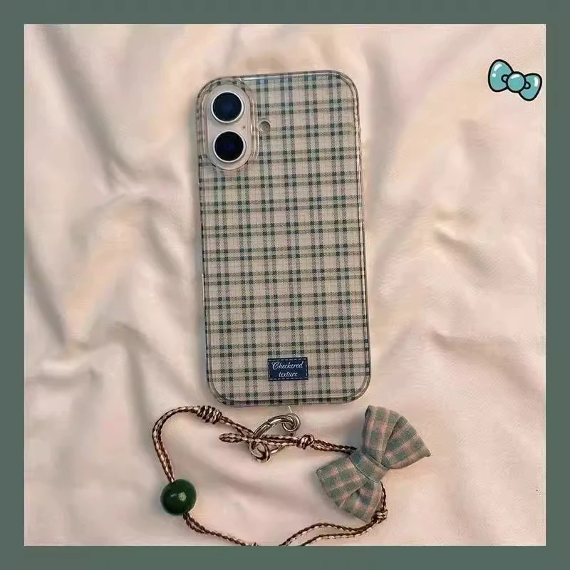 蓝格纹蝴蝶结子带挂绳适用苹果16/15华为p70vivo小米oppo大孔白色