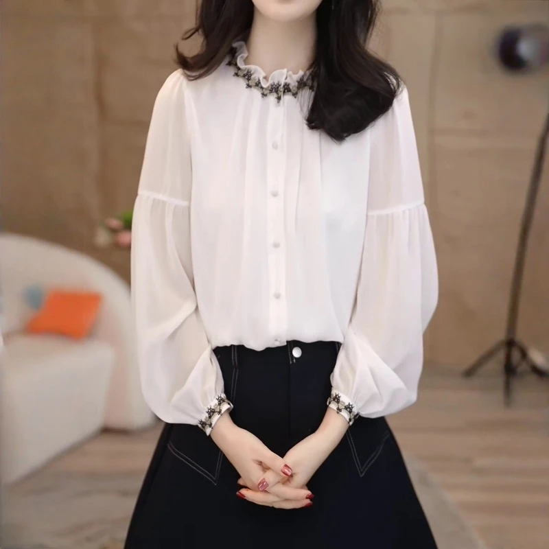 法式高级感木耳边长袖圆领衬衫女2025年秋季新款别致减龄气质上衣