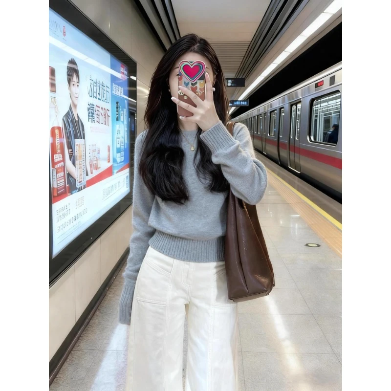 韩系慵懒风时尚灰色圆领套头毛衣秋冬新款宽松显瘦百搭针织衫上衣