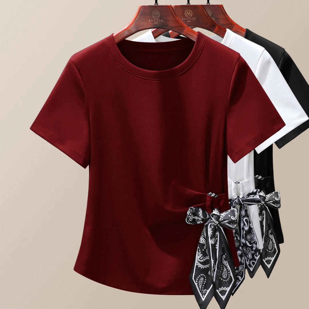 设计感洋气圆领白色短袖t恤女夏2025新款气质显瘦轻熟风丝巾上衣