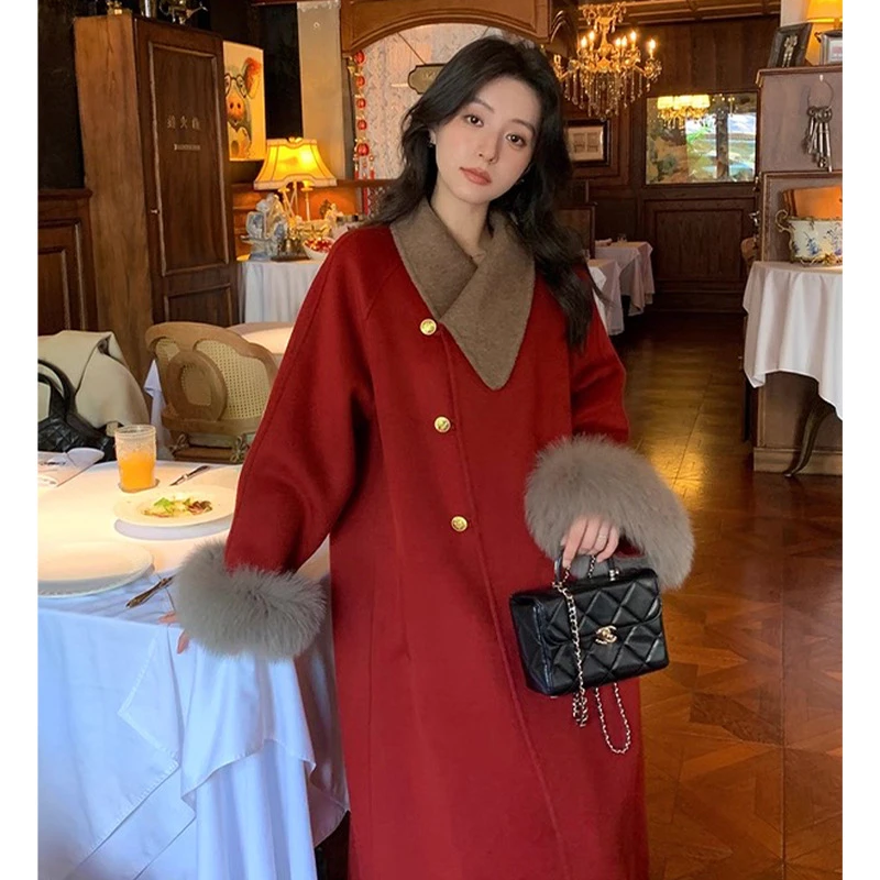 大码女装红色圣诞大衣过年战袍毛呢外套胖妹mm冬季90羽绒呢子上衣