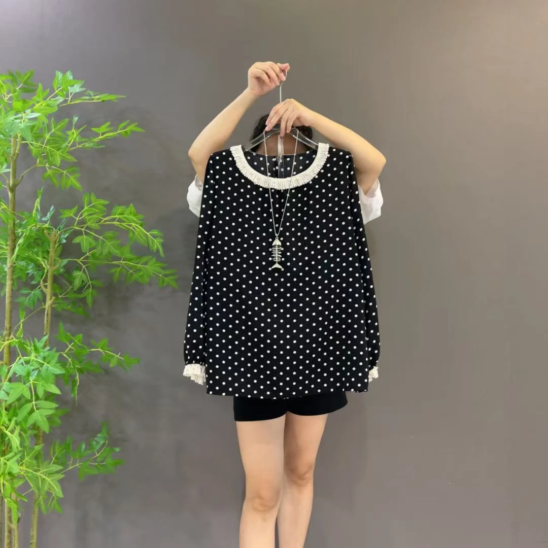 25169秋季时尚气质百搭波点长袖小衫打底衫减龄上衣大码女装黑色