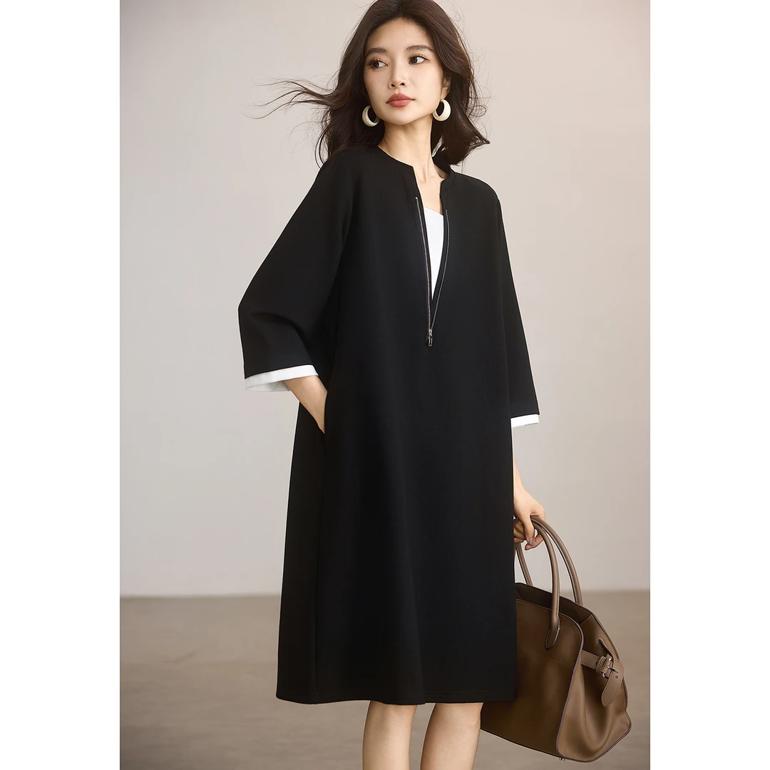 法式休闲假两件黑色连衣裙女2025年秋季新款中长裙欧洲站大码女装