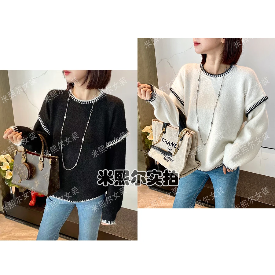 慵懒风松弛感套头毛衣女2025秋冬设计感拼接缝线圆领针织衫长袖