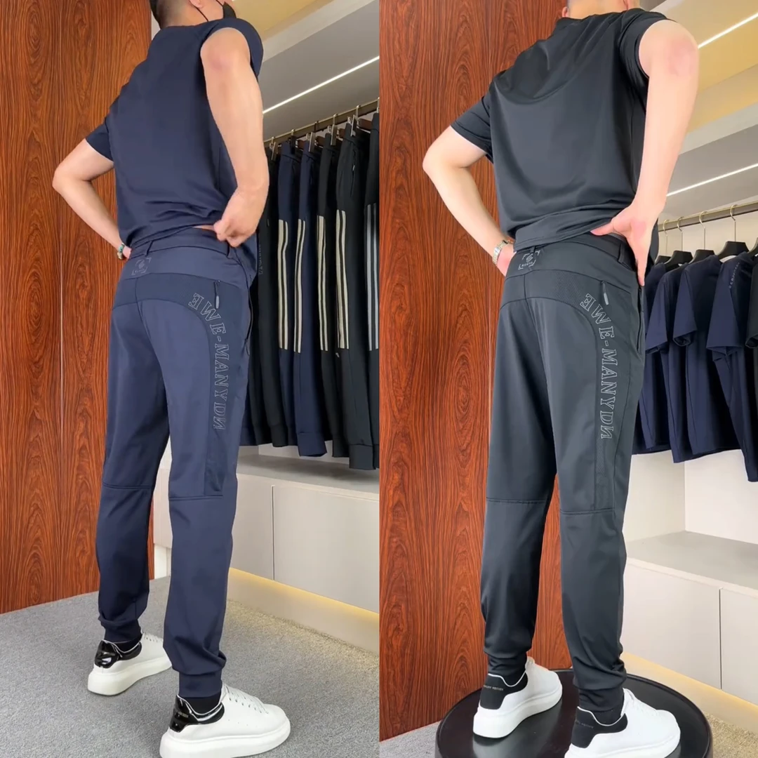 夏季新款冰丝速干休闲运动套装男士短袖束脚裤休闲裤两件套