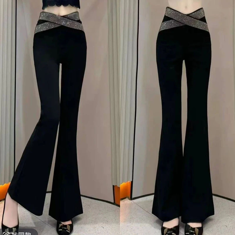 2025早春新款中低腰垂感烫钻后拉链喇叭裤修身显瘦黑色休闲早春女