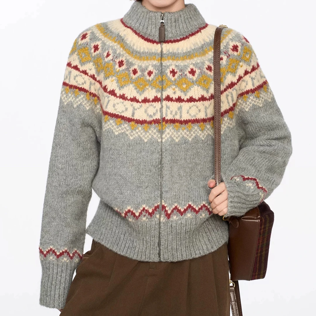 冬季保暖复古费尔岛老钱风毛衣开衫