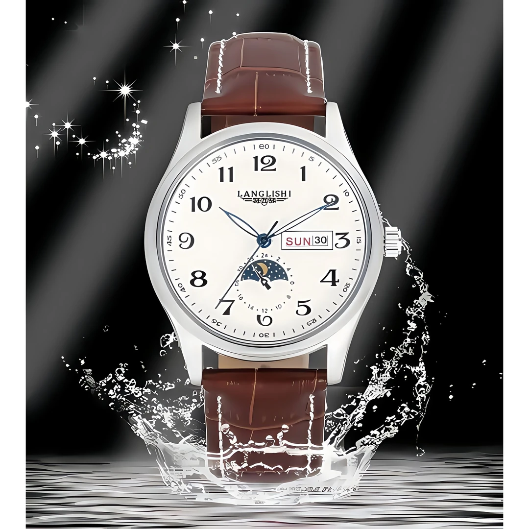【云仓直发】男士经典白盘月相棕皮蝴蝶扣夜观手表时尚腕表LS008