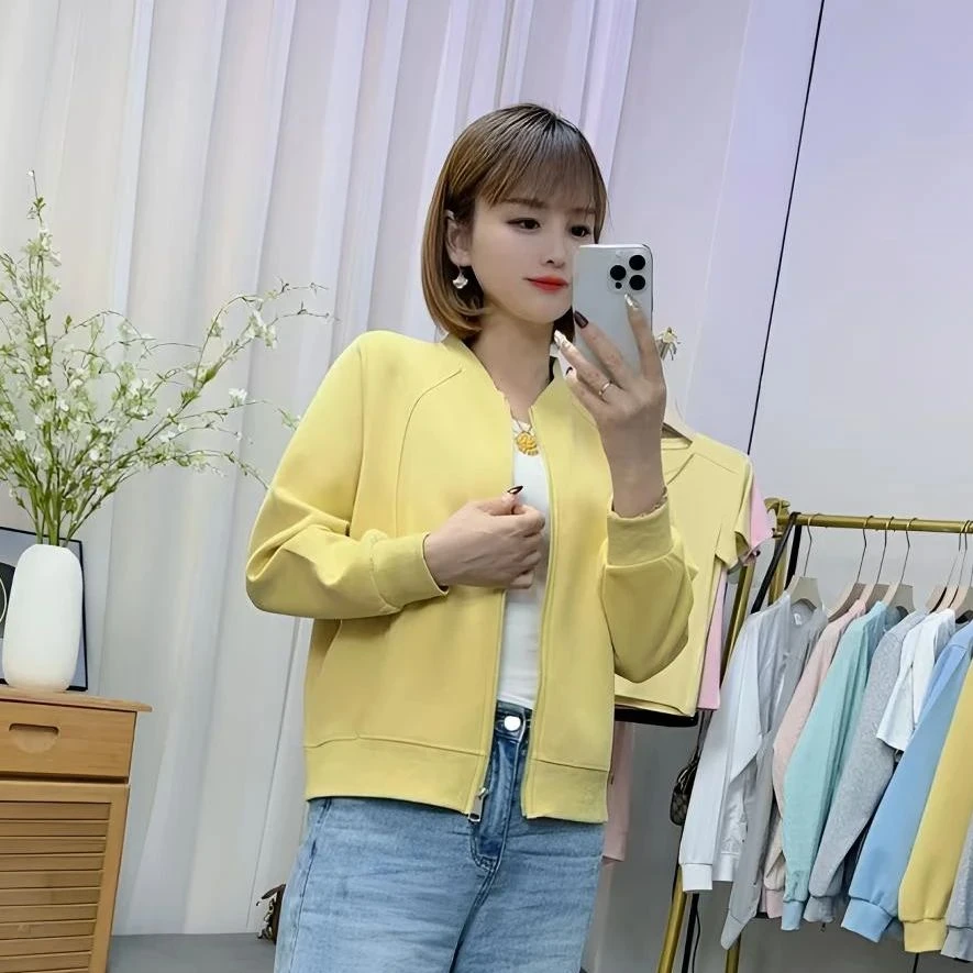 0051正肩纯色棒球服韩版短款春季休闲百搭简约卫衣拉链开衫外套女