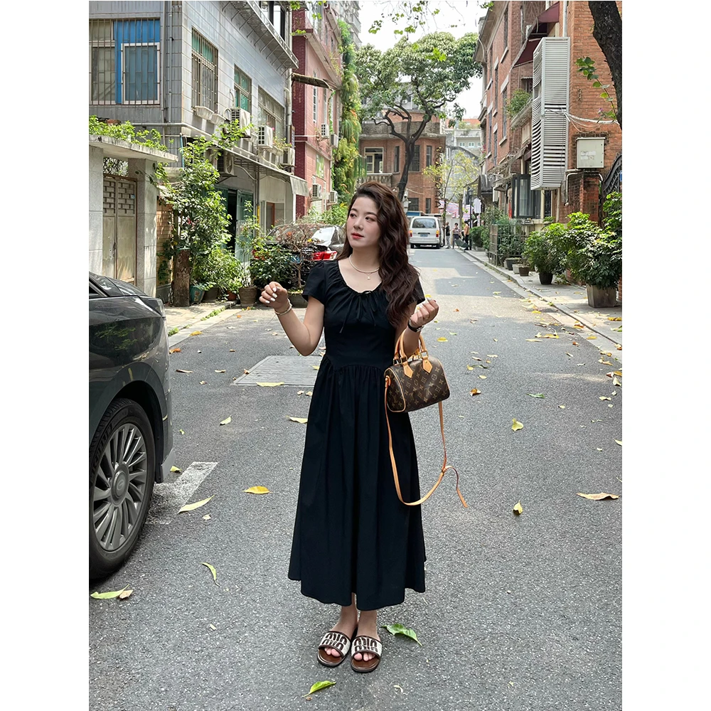 WenWen小个子韩系穿搭夏日新绑带褶皱连衣裙气质显瘦A字裙子3799