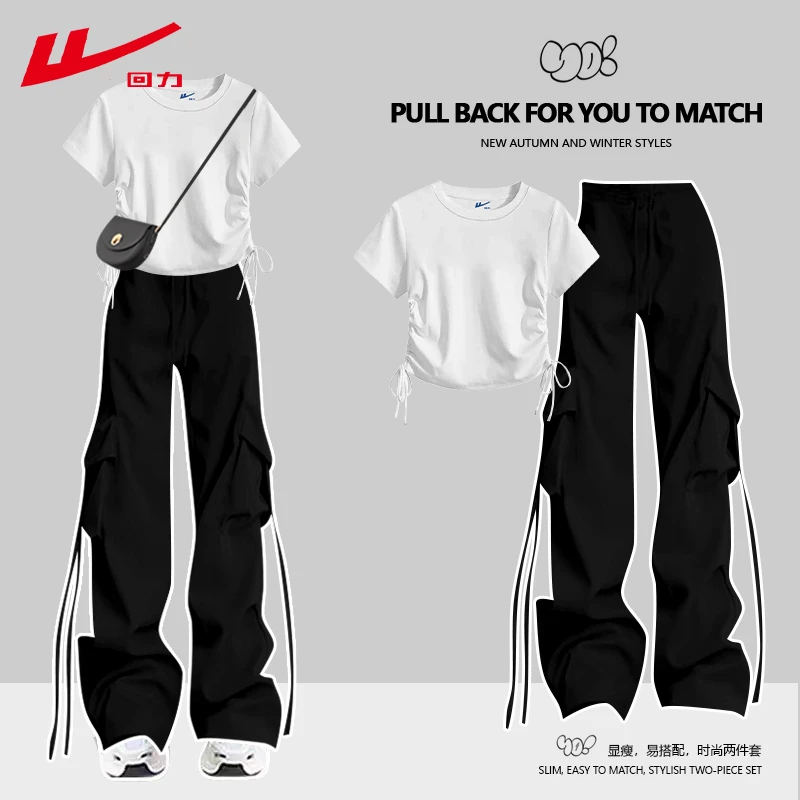 回力2025夏季夏装短袖T恤新款多巴胺工装裤两件套装女纯棉休闲潮