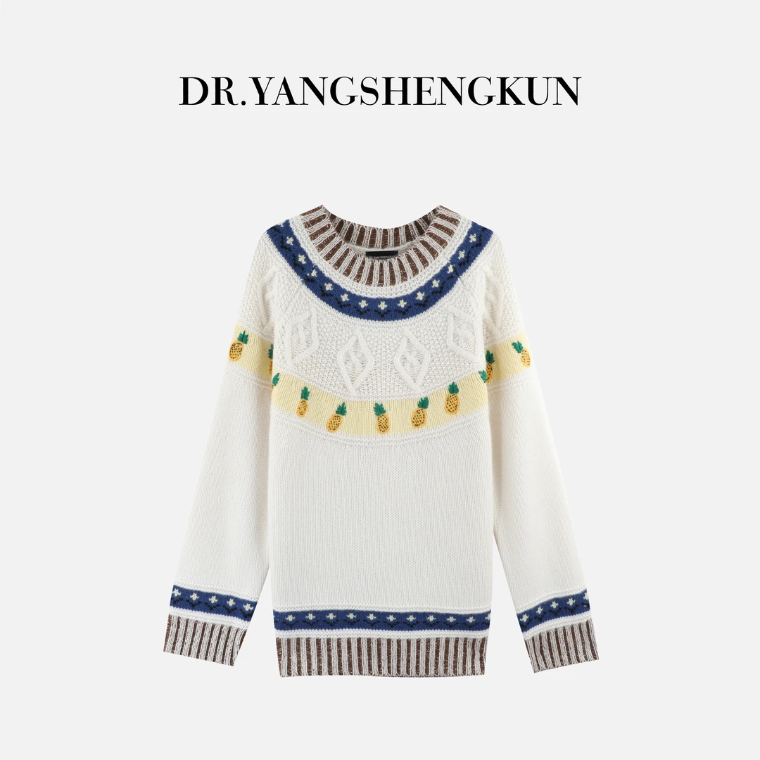 杨圣坤2025新品100%山羊绒菠萝提花撞色拼接套头针织衫S82593019