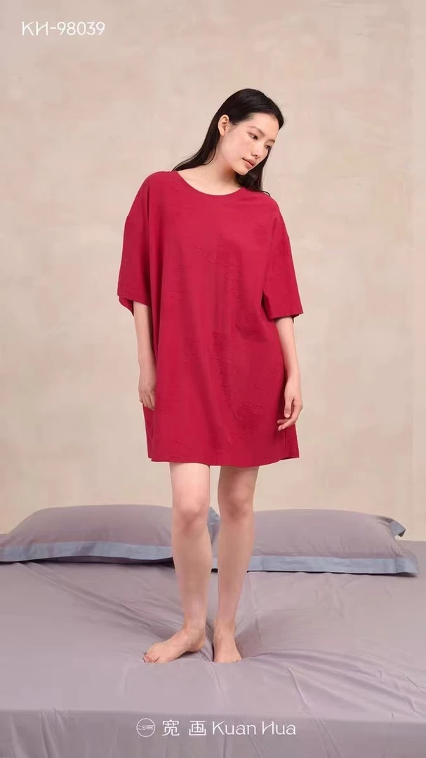 宽画KH98039Y圆领半袖红色中长款睡裙四季通用舒适透气裸感