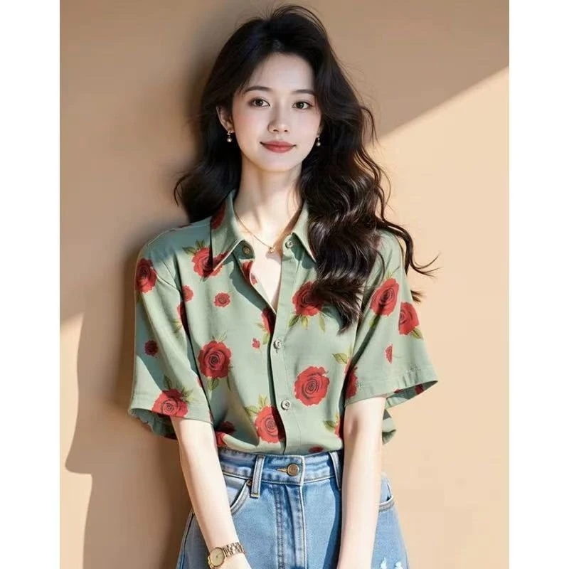 玫瑰花衬衫女上衣2025超火军绿色短袖衬衣法式轻奢高级感绝美小衫