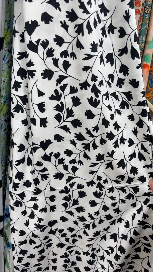 【晓萍推荐】 印花工艺棉绸 白底黑色枝叶