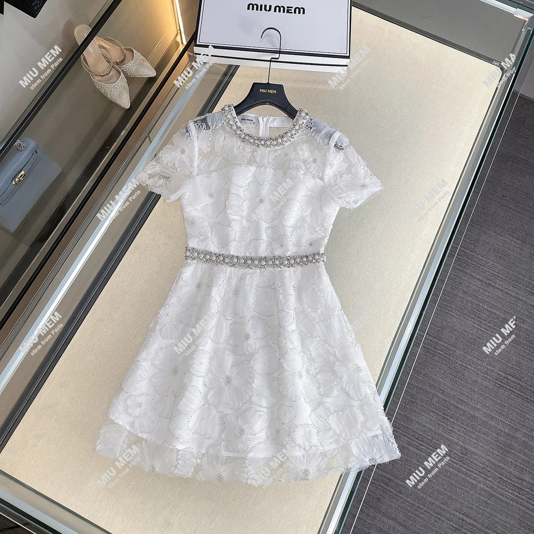 【霜月薄纱】蕾丝气质公主白色时尚夏季法式设计感连衣裙女DY6568