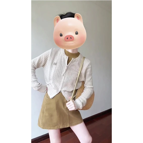 韩版慵懒风软糯短款针织衫女拉链网眼罩衫开衫毛衣外套半身群套装