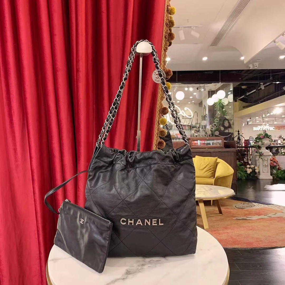 95新 Chanel/香奈儿 GGS香奈儿22bag小号黑银牛皮单肩包80932778