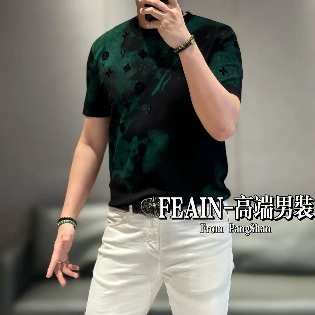 高端伊力特丝幻彩工艺植绒雕花点缀男士T恤56817