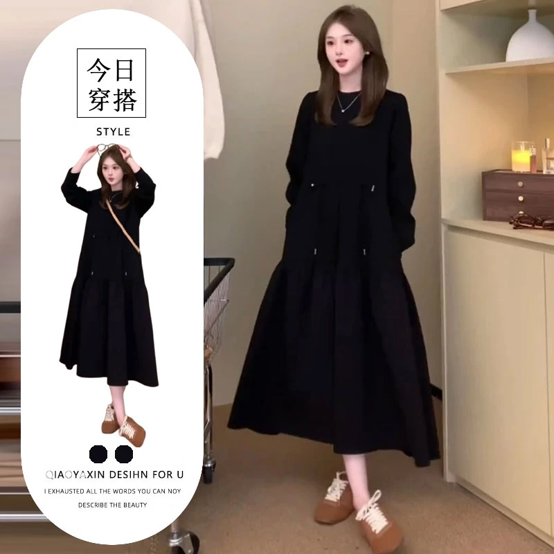 大码女装秋冬新款法式赫本风连衣裙胖mm时尚设计感收腰显瘦小黑裙