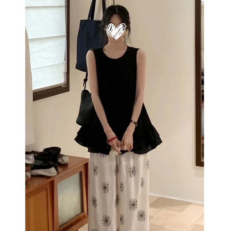 FRVXO韩系甜美风荷叶边无袖背心花边衬衫印花阔腿裤两件套装