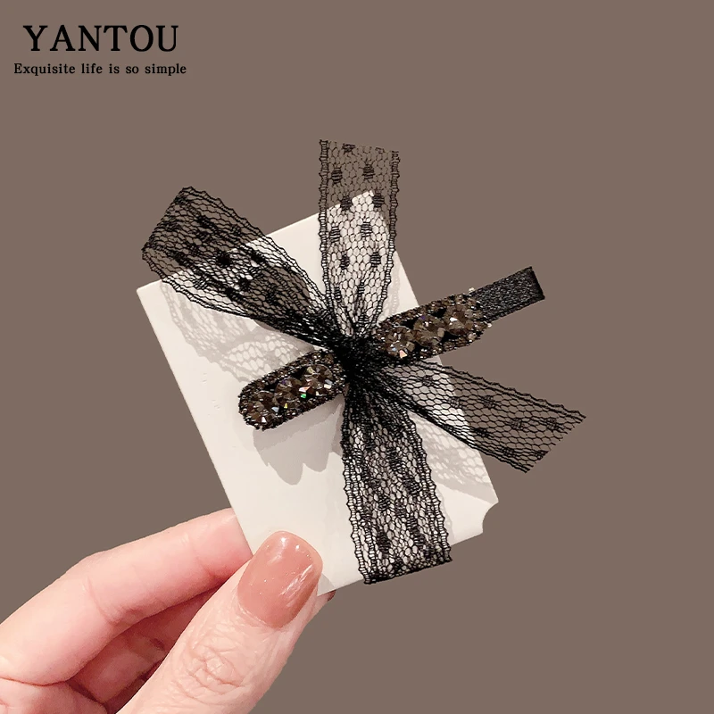 复古水钻蕾丝蝴蝶结发卡优雅气质黑色侧边夹时尚刘海夹超闪一字夹