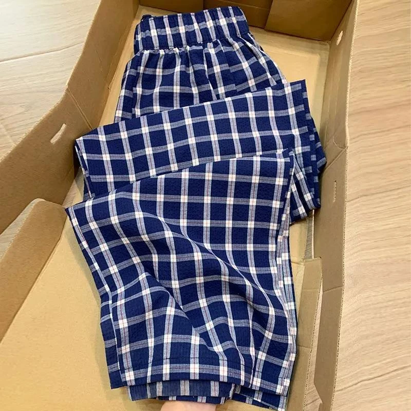 雪千羽复古蓝色格子裤女夏薄2025新款高腰休闲宽松慵懒风阔腿长裤