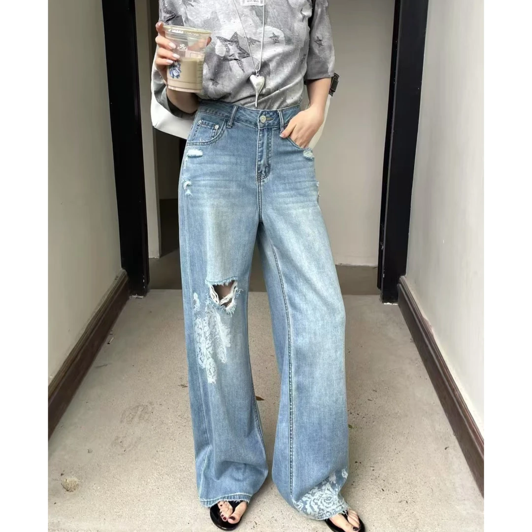 【破洞大花】夏季 高腰破洞提花窄版阔腿牛仔裤 百搭宽松直筒裤